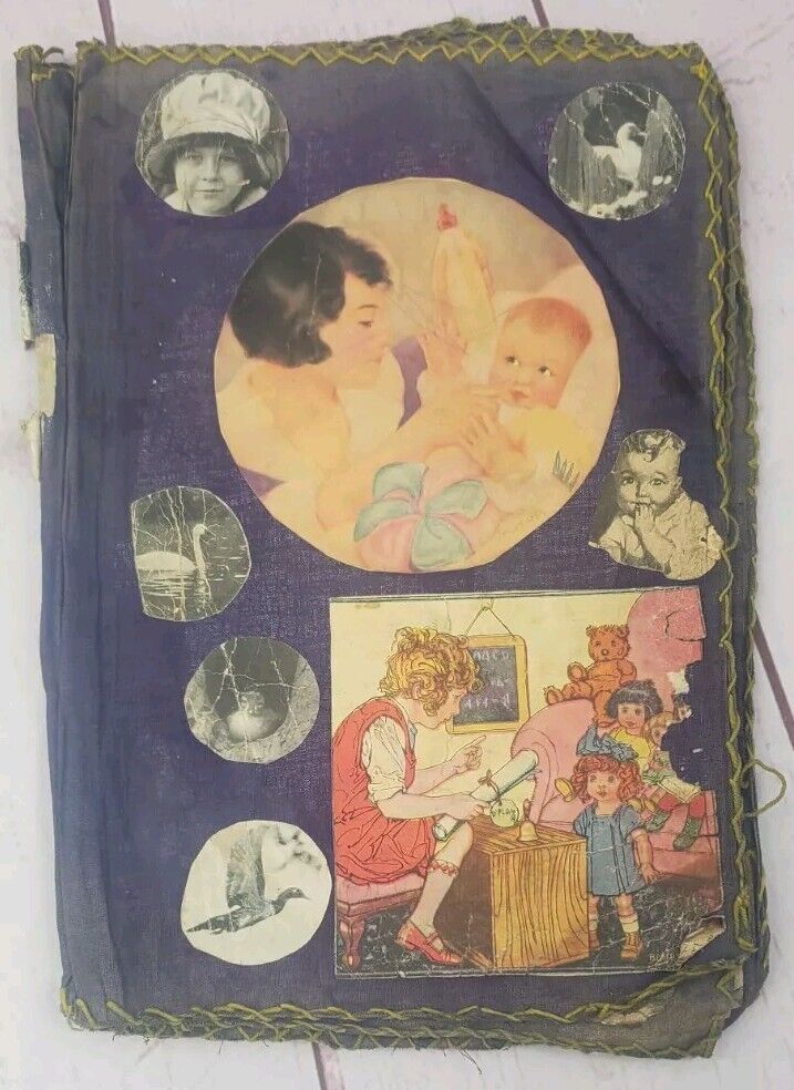 Antique 1920s Handmade Scrapbook - Fabric Cover Scrapbook Worn Cutouts 8 x 12\