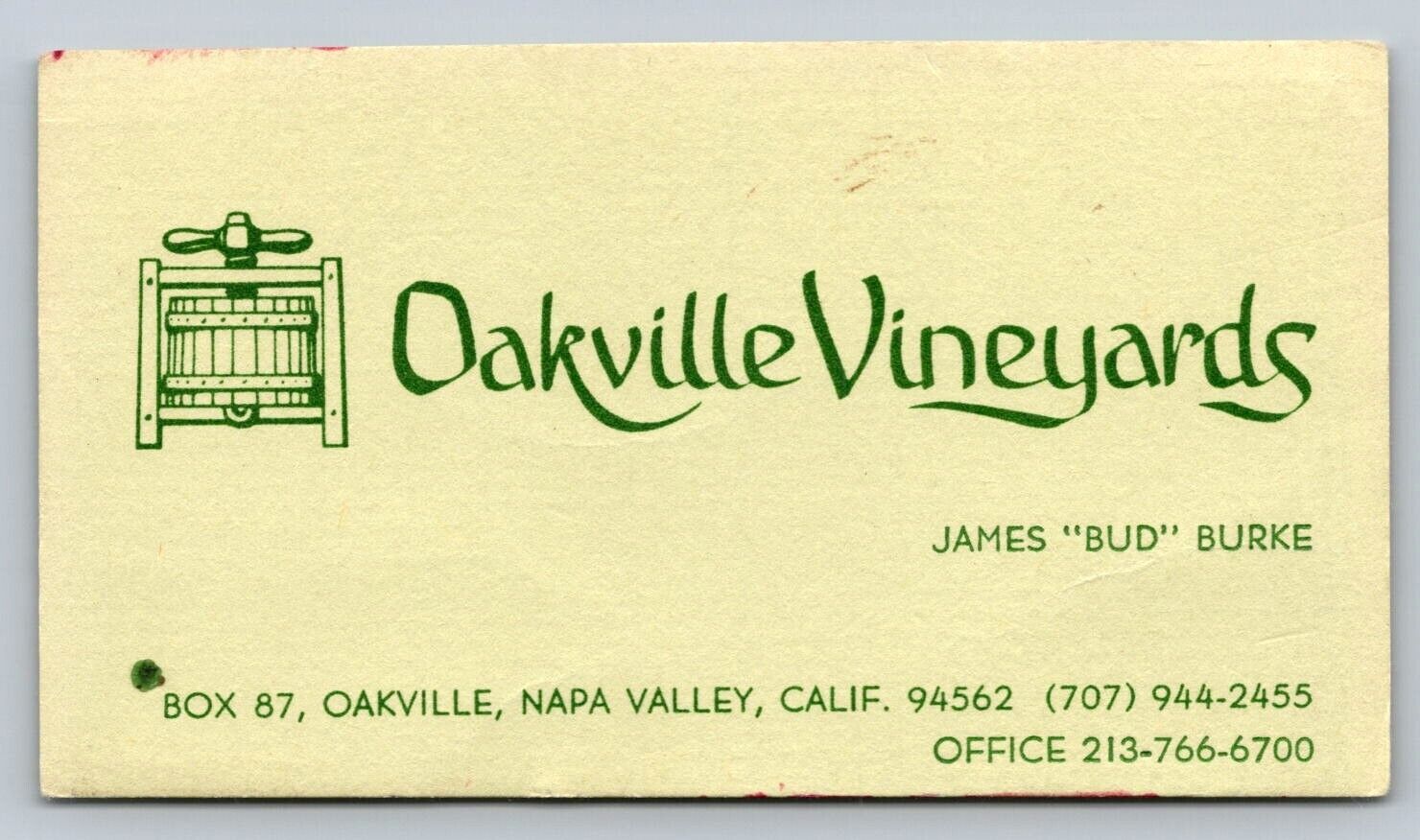 Vintage Business Card Oakville Vineyards Napa Valley California 