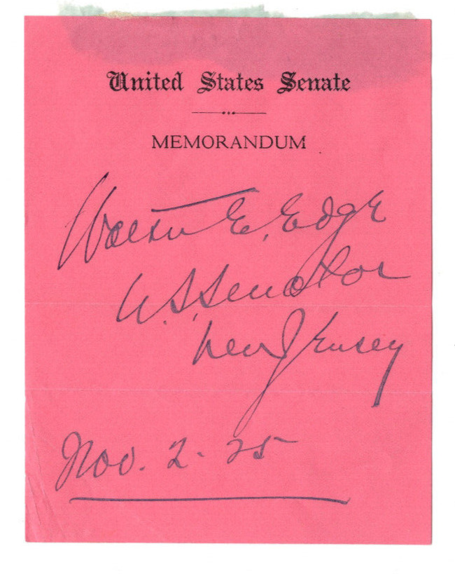 Walter E Edge Signed Slip 1925 / Autographed Governor of New Jersey