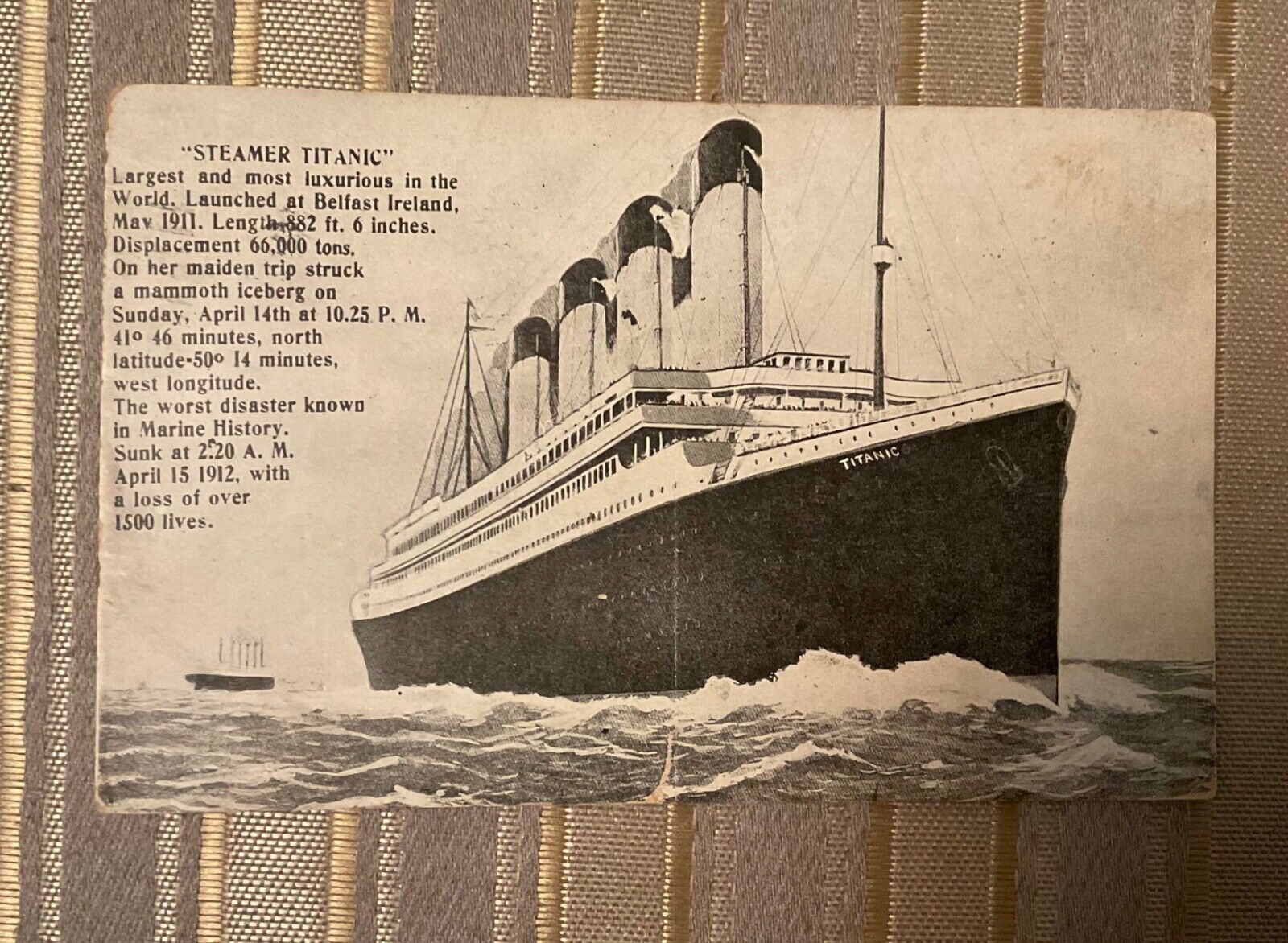 RARE TITANIC POSTCARD POSTMARKED 1 MO. MAY 14, 1912 1-CENT STAMP WHITE STAR LINE