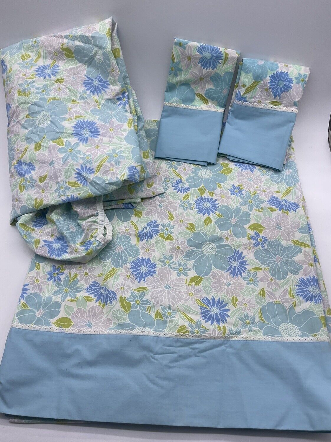 Vintage Springmaid Wondercale Double Flat & Fitted Sheet Set 2 Pil Cases Flowers