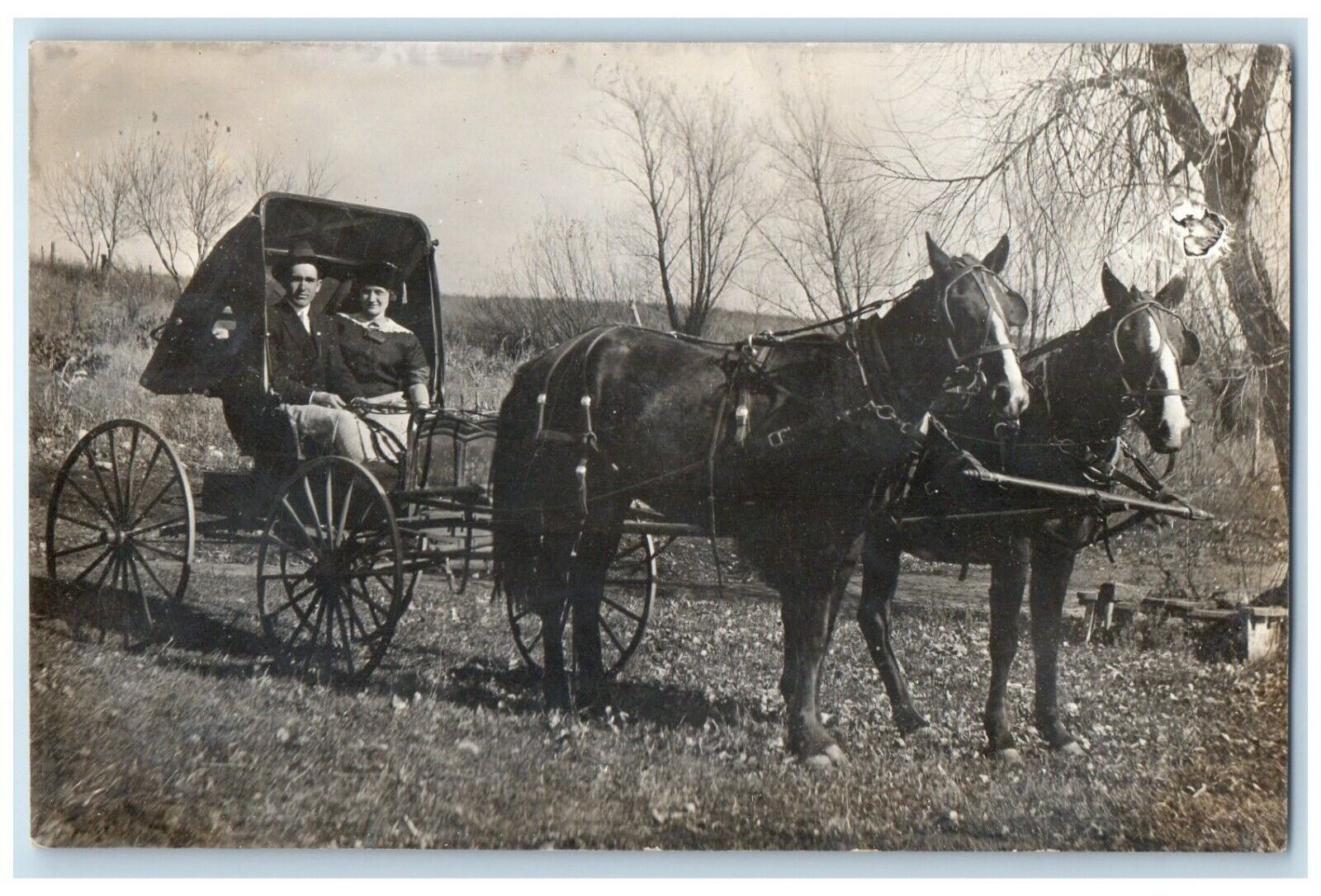 c1910's Couple Riding Horse Carriage Bazile Mills NE RPPC Photo Antique Postcard