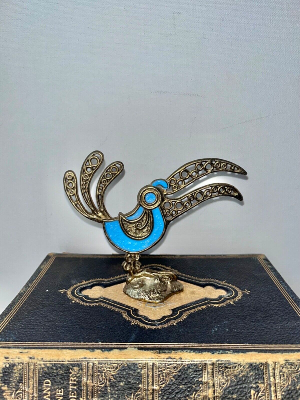 Brass turquoise Toucan  Bird Figurine mcm 4x5,5”