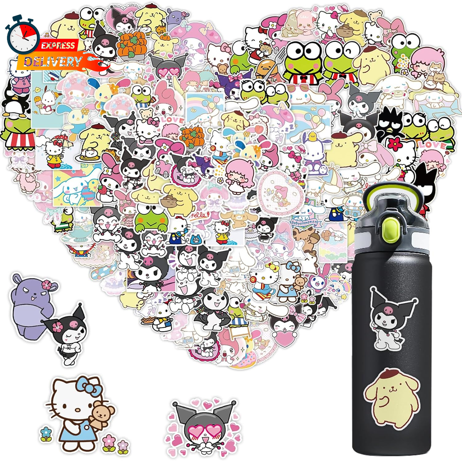100 PCS My Melody and Kuromi Stickers, Hello Kitty Kitty Stickers Pompompurin Ke