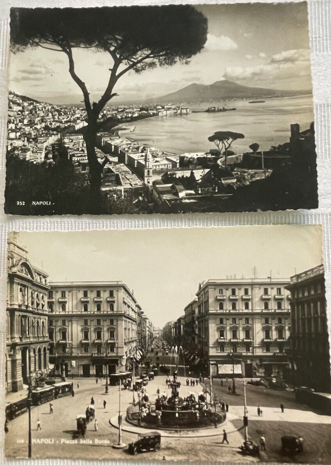 2 1940s WWII RPPC Naples Napoli Italy Bay; Piazza della Borsa 1930s car Postcard