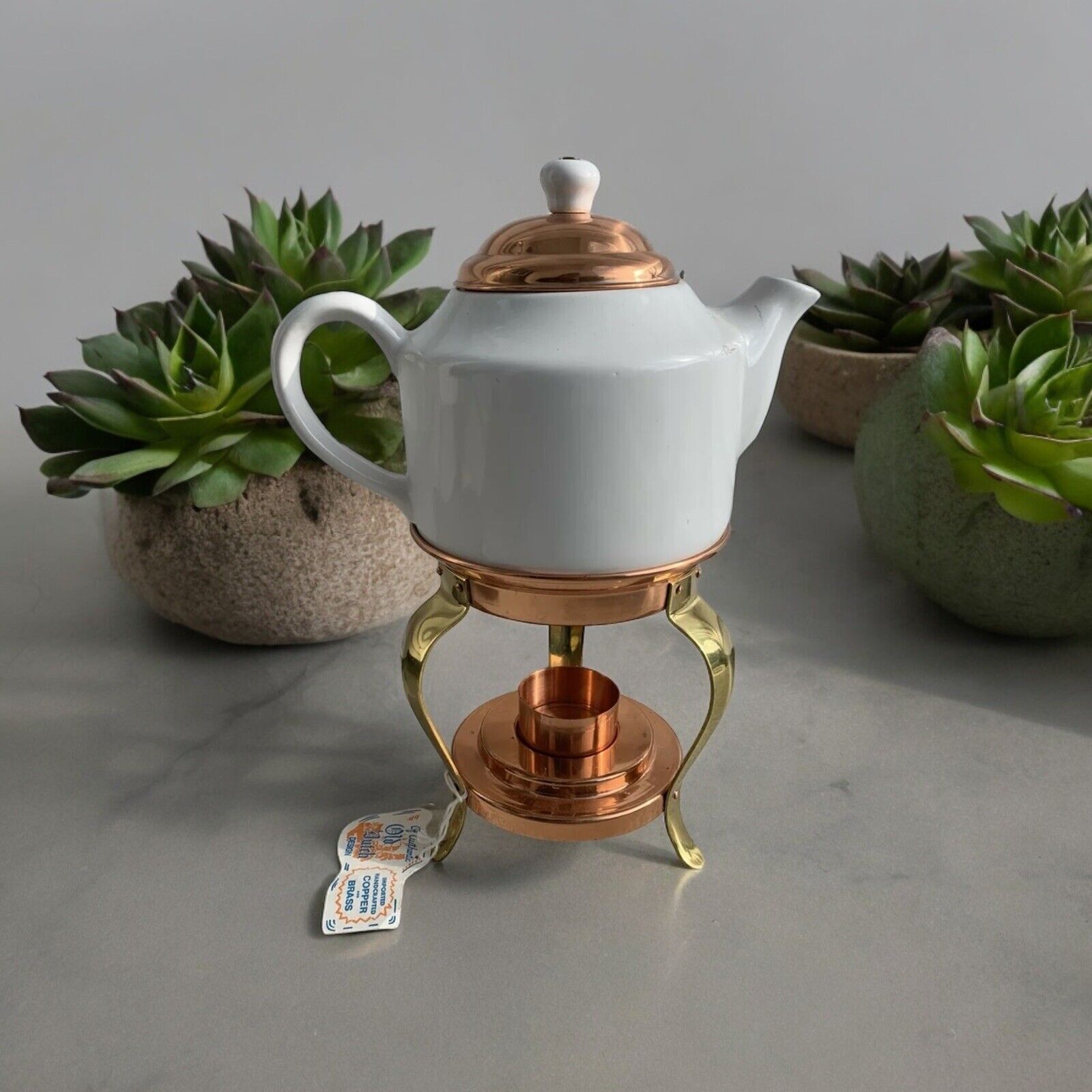 Vintage Old Dutch Ceramic & Copper Coffee Pot w/ Warming Brass Stand