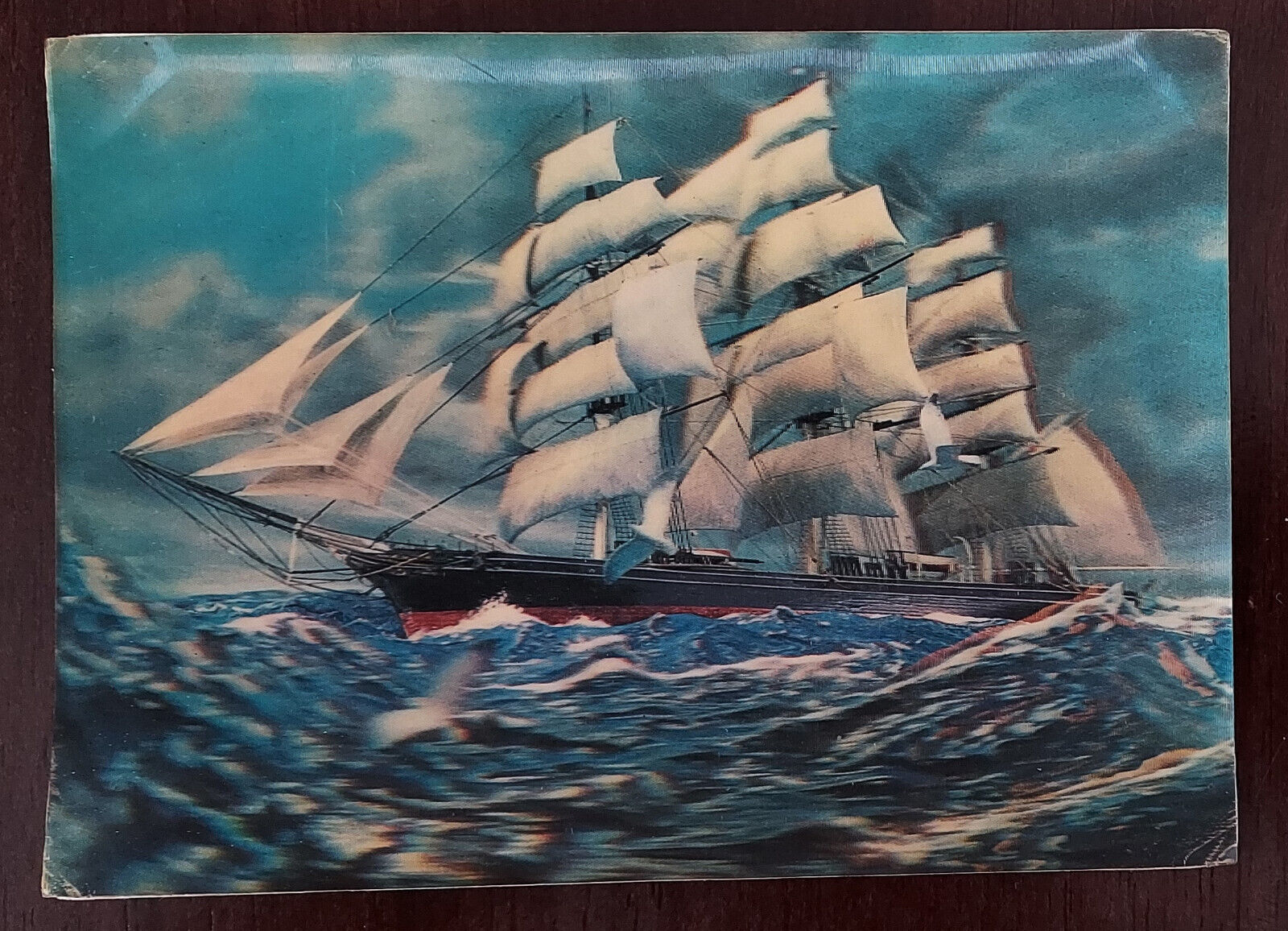 Antique 3D Postcard of Sailing ship, made in Japan, distributed in USA