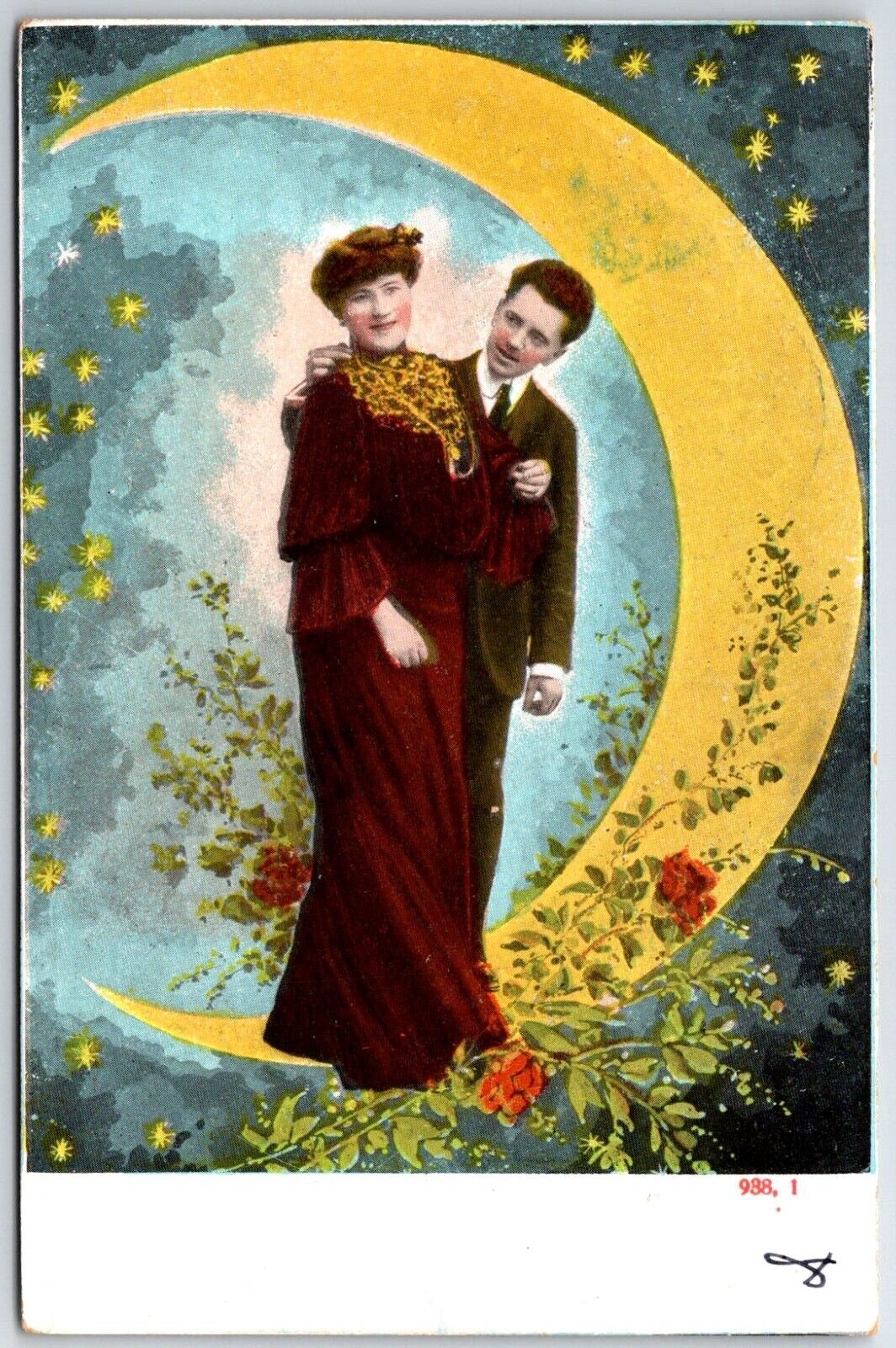 crescent moon couple colorful red roses stars romance vintage postcard