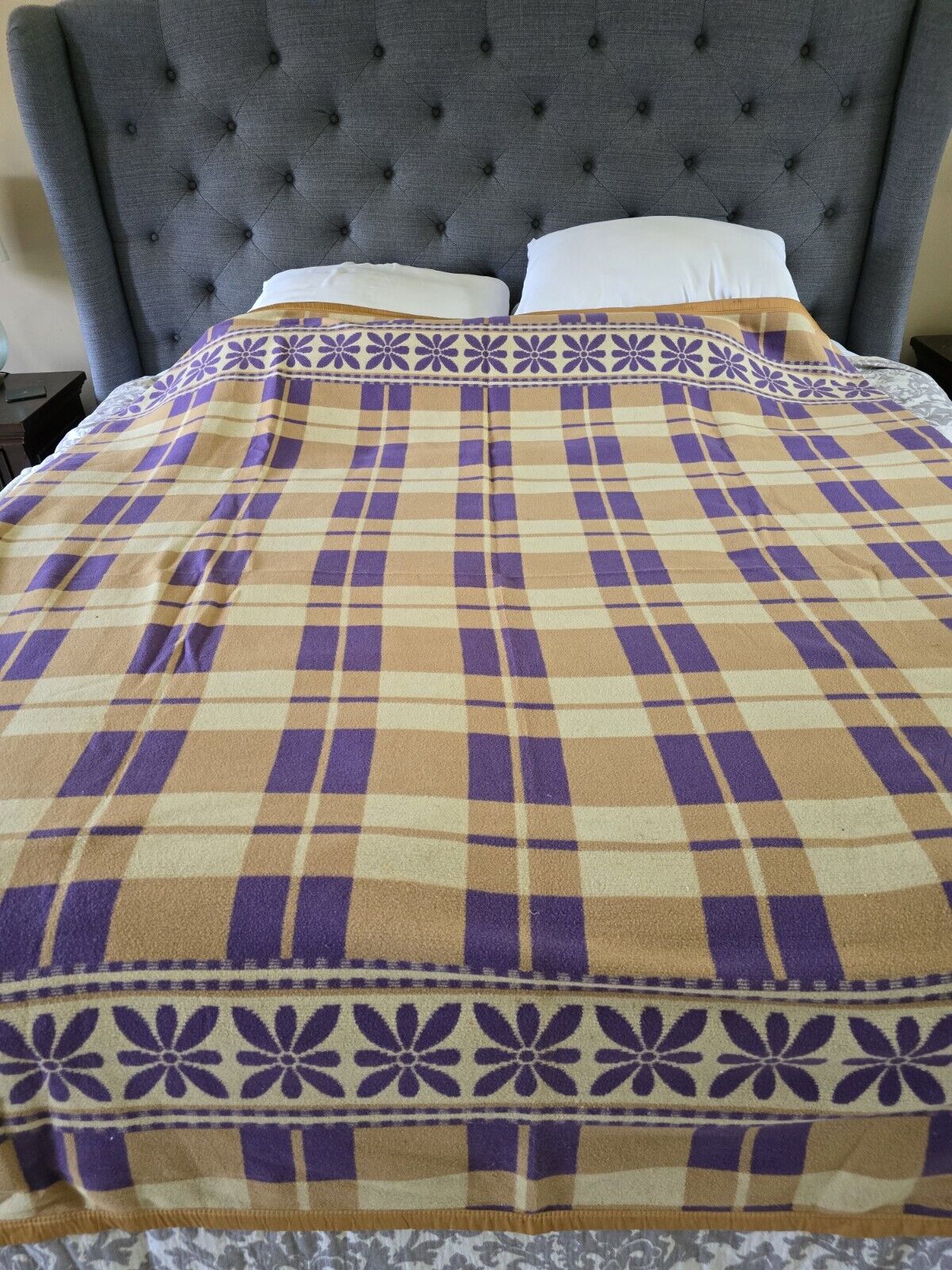 Vintage 1940s Era Camp Blanket Reversible Purple Tan Cotton Wool Estate 77x68\