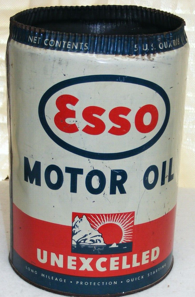 Vintage MOTOR OIL CAN ESSO UNEXCELLED  5 U.S. QTS. Authentic Uniflo Empty NO TOP