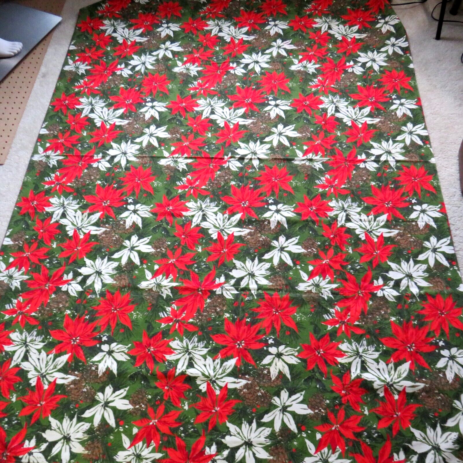 Vintage Mid Century Christmas Fabric Poinsettias Cones 51\