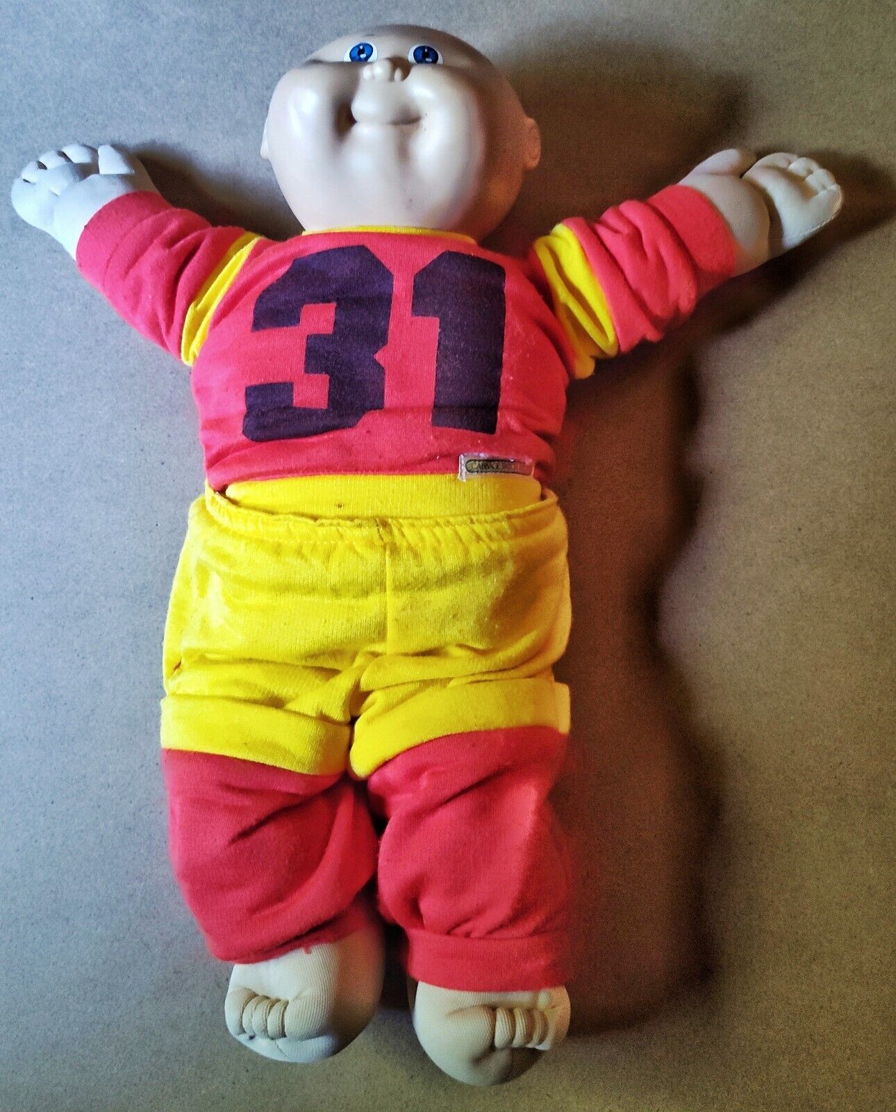 Vintage 1982 Cabbage Patch Kids Doll #31 Red & Yellow Sweatsuit, Bald, Blue Eyes