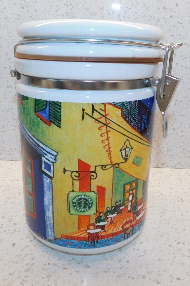 Vintage Starbucks Cafe Terrace at Night Coffee Canister by Van Gogh by Chaleur