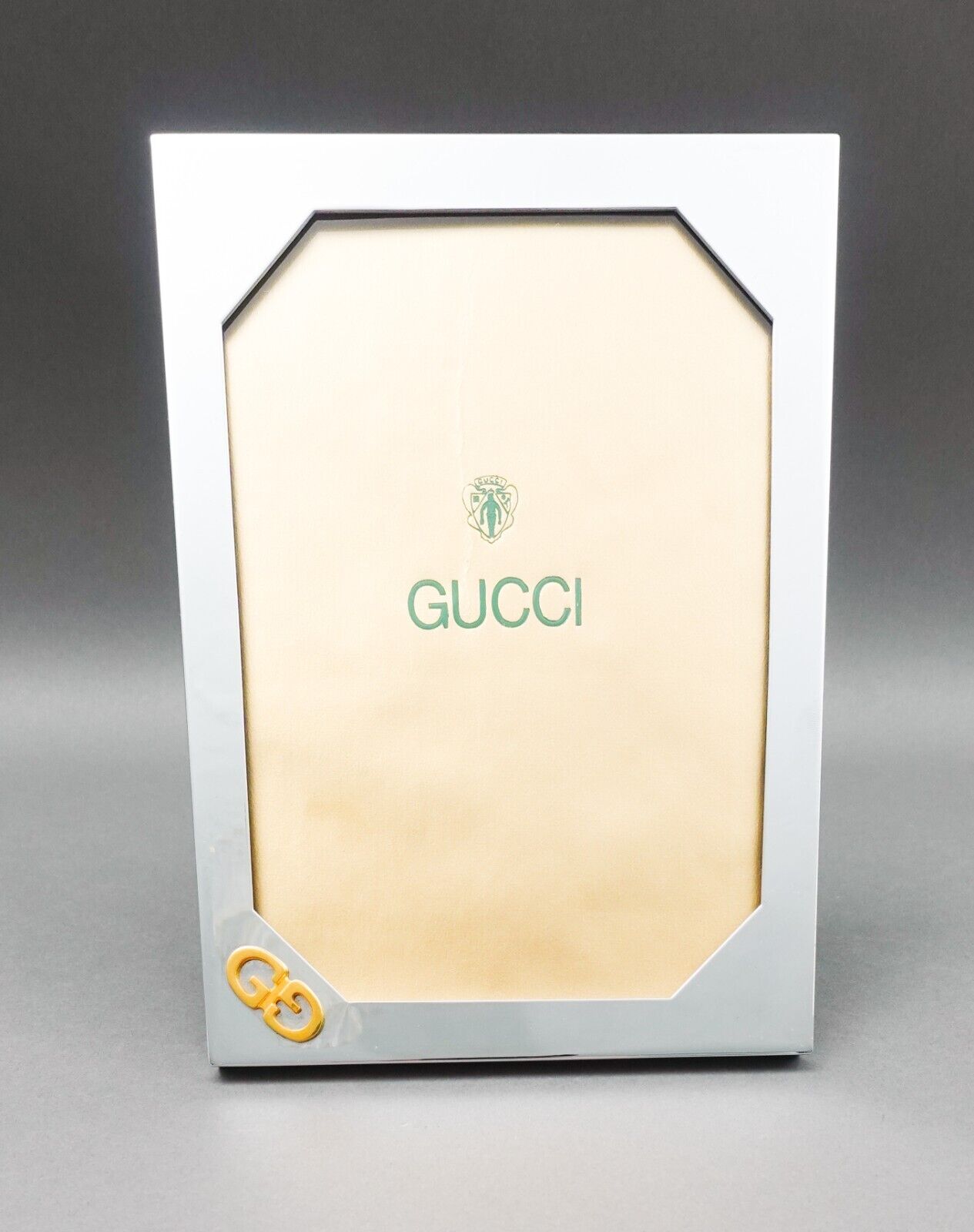 Gucci Italy Vintage Chrome Silver/Gold Tone GG Logo Picture Photo Frame 5x7 Read