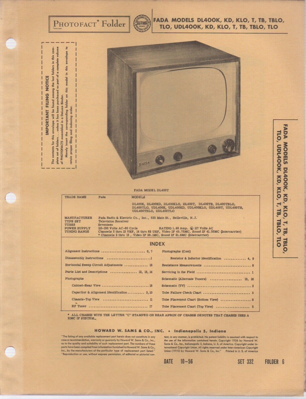 1956 FADA DL400K TELEVISION SERVICE MANUAL photofact DL400KD DL400T UDL400K more