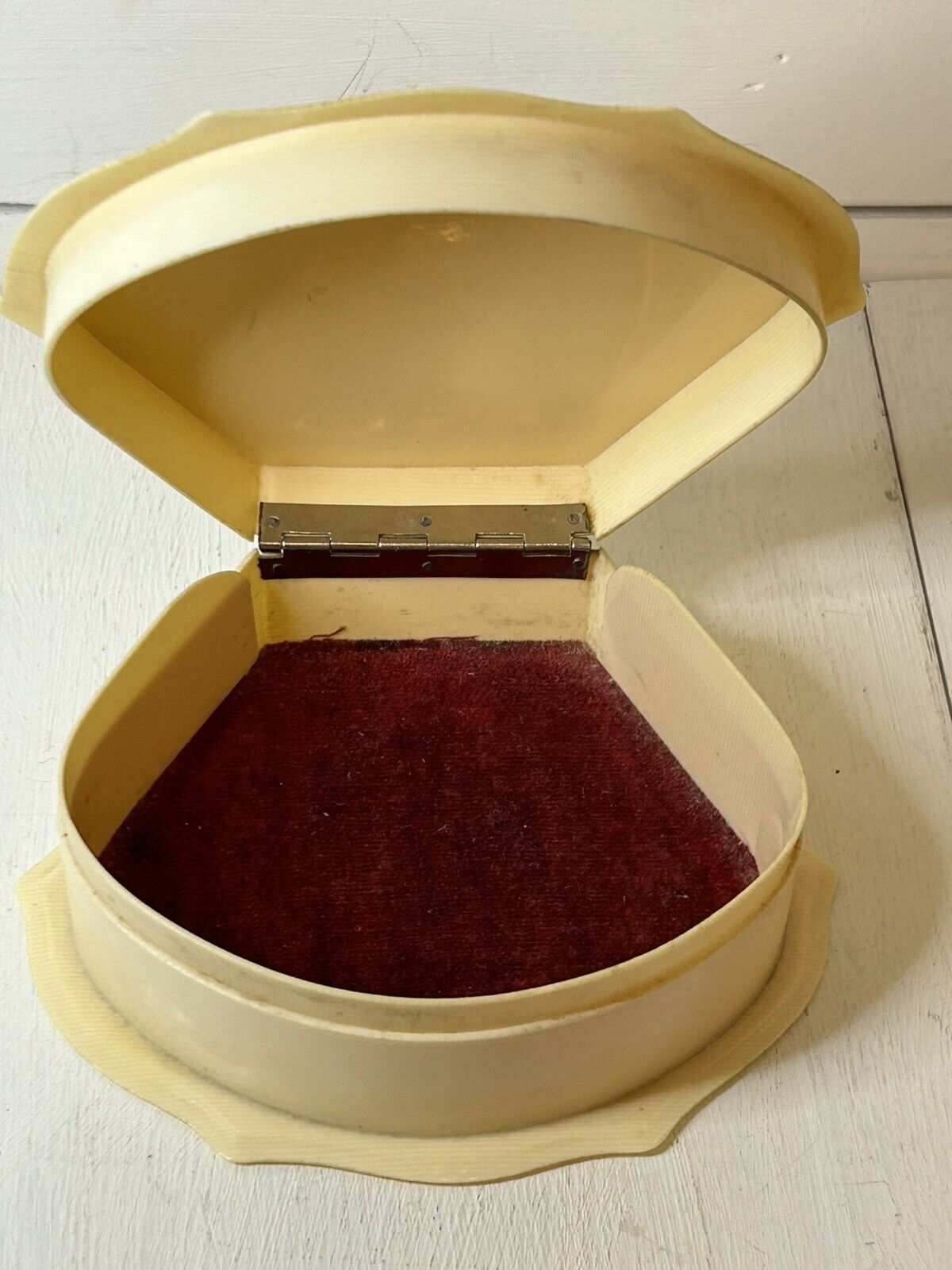 Vintage Celluloid Scalloped Edges Hinged Trinket Box Red Velvet Lining