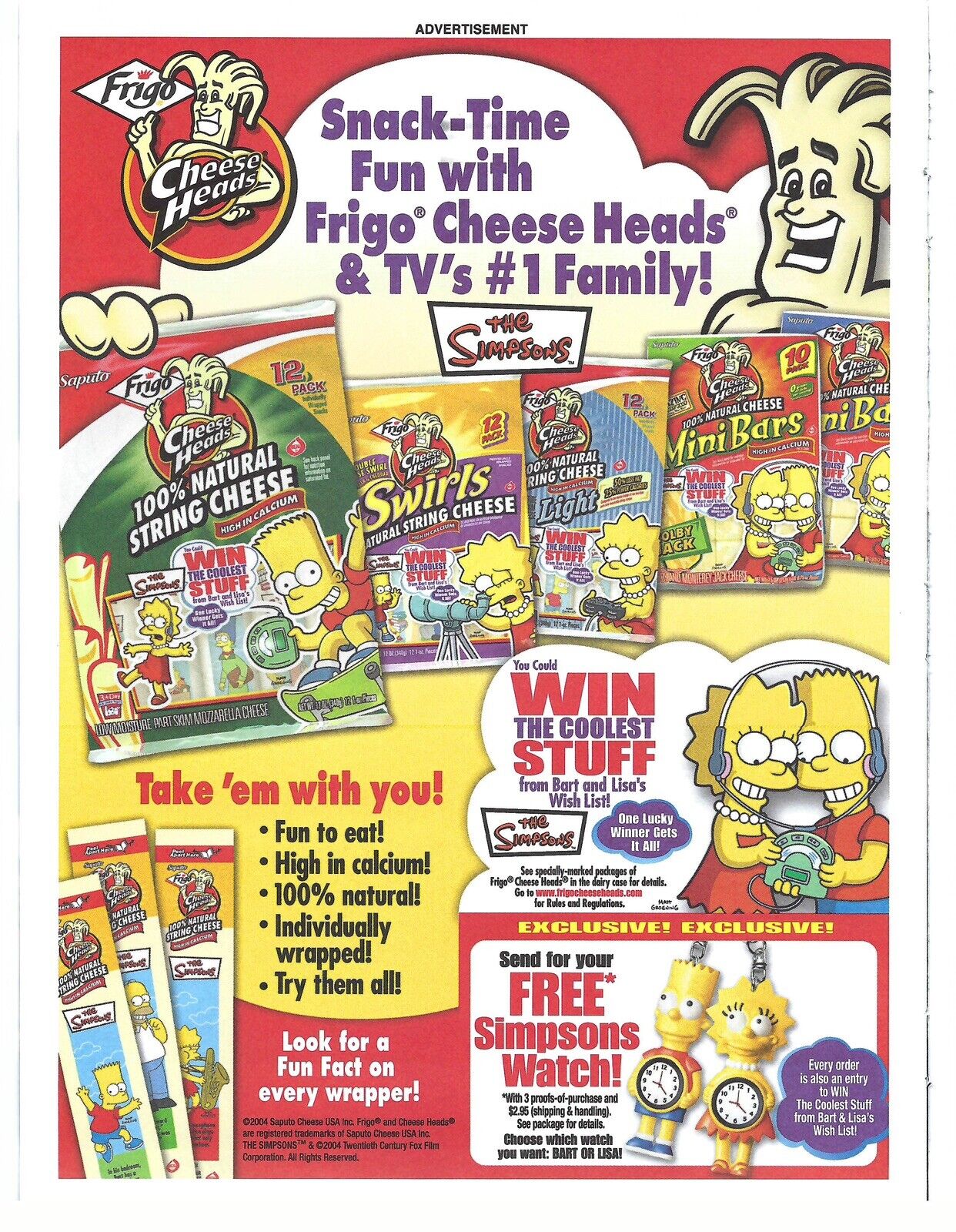 2004 Frigid Cheese Heads The Simpsons Win Stuff Vintage Magazine Print Ad/Poster