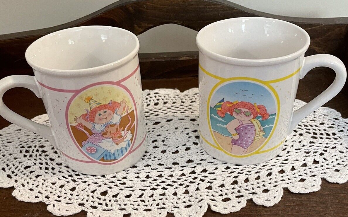 Vintage Cabbage Patch Kids Girl DollsMug 1985 OAA Inc 80s Coffee Cups Set of 2