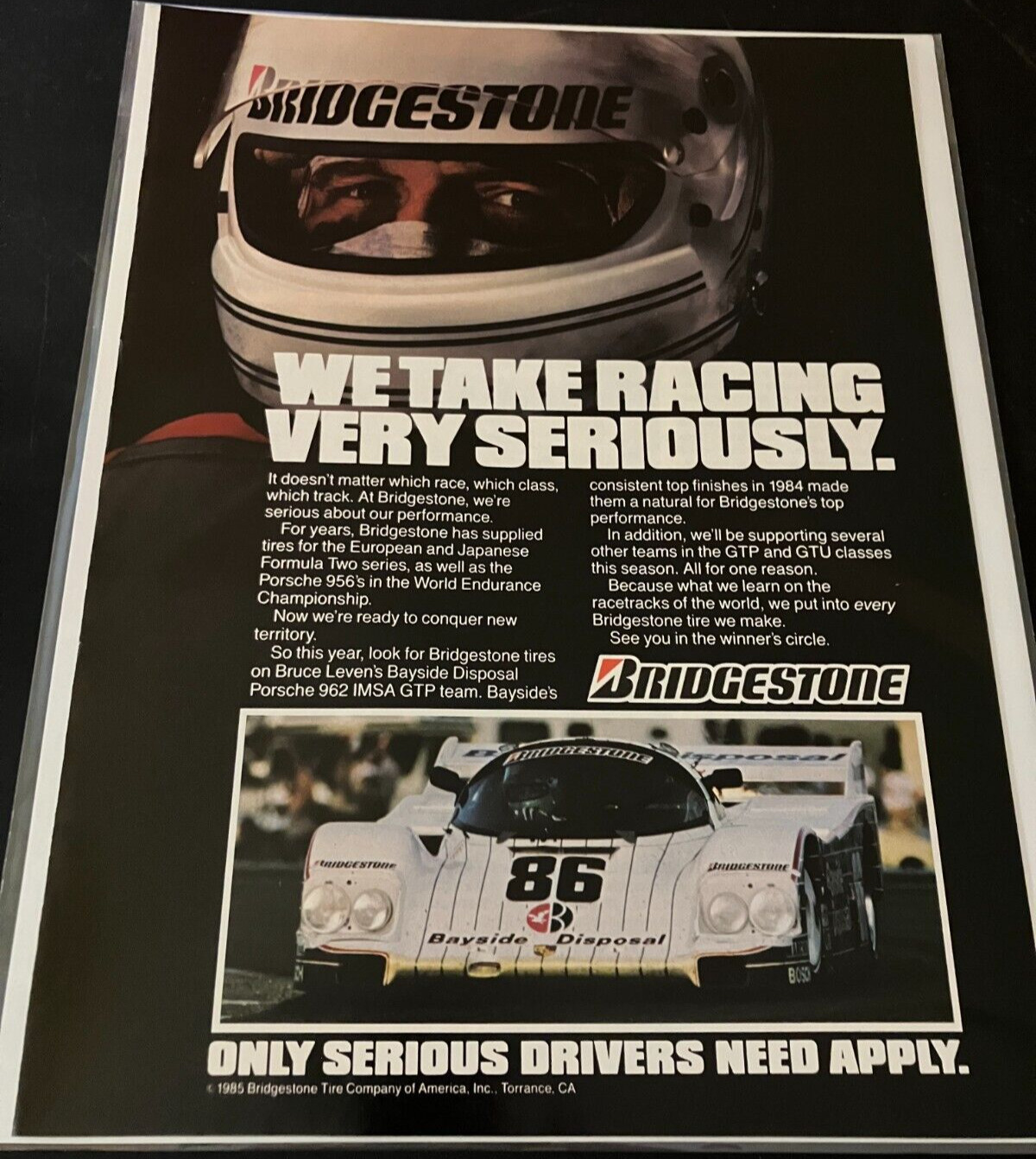 1985 Bridgestone Tires / Porsche 962 IMSA - Vintage Original Print Ad / Wall Art