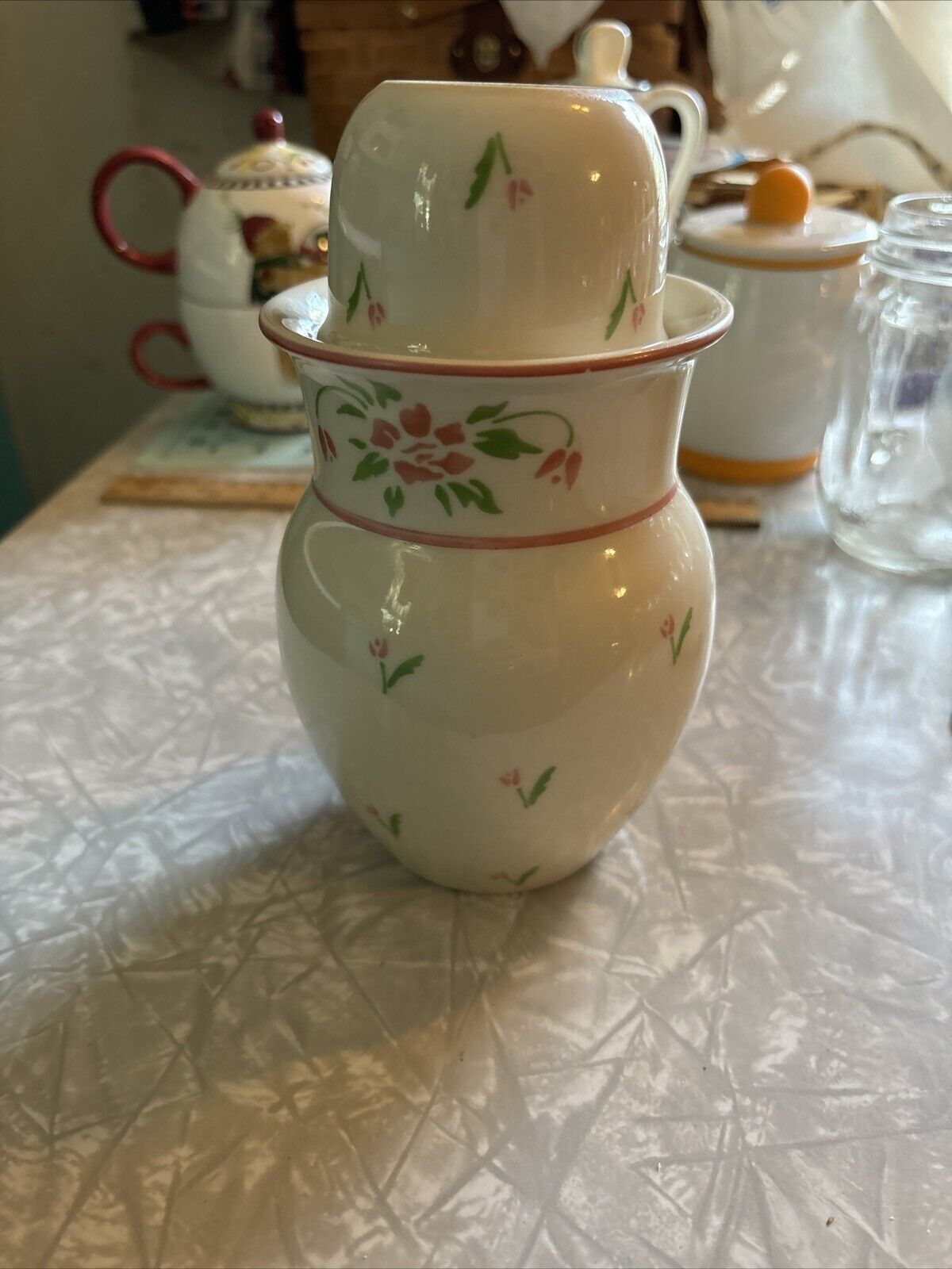 Vintage 1985 Teleflora Water Jar with Cup style Lid Pink/green Tulips Vase
