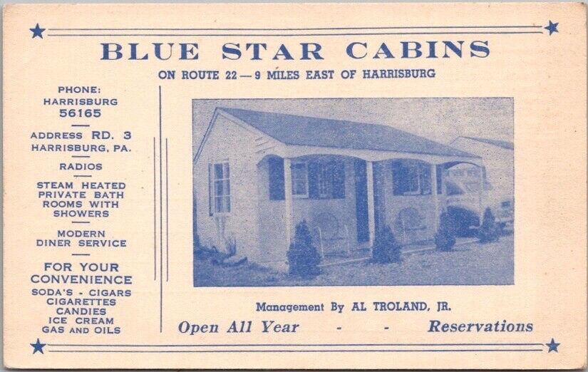 Harrisburg Pennsylvania Postcard BLUE STAR CABINS Route 22 Roadside 1940s Unused