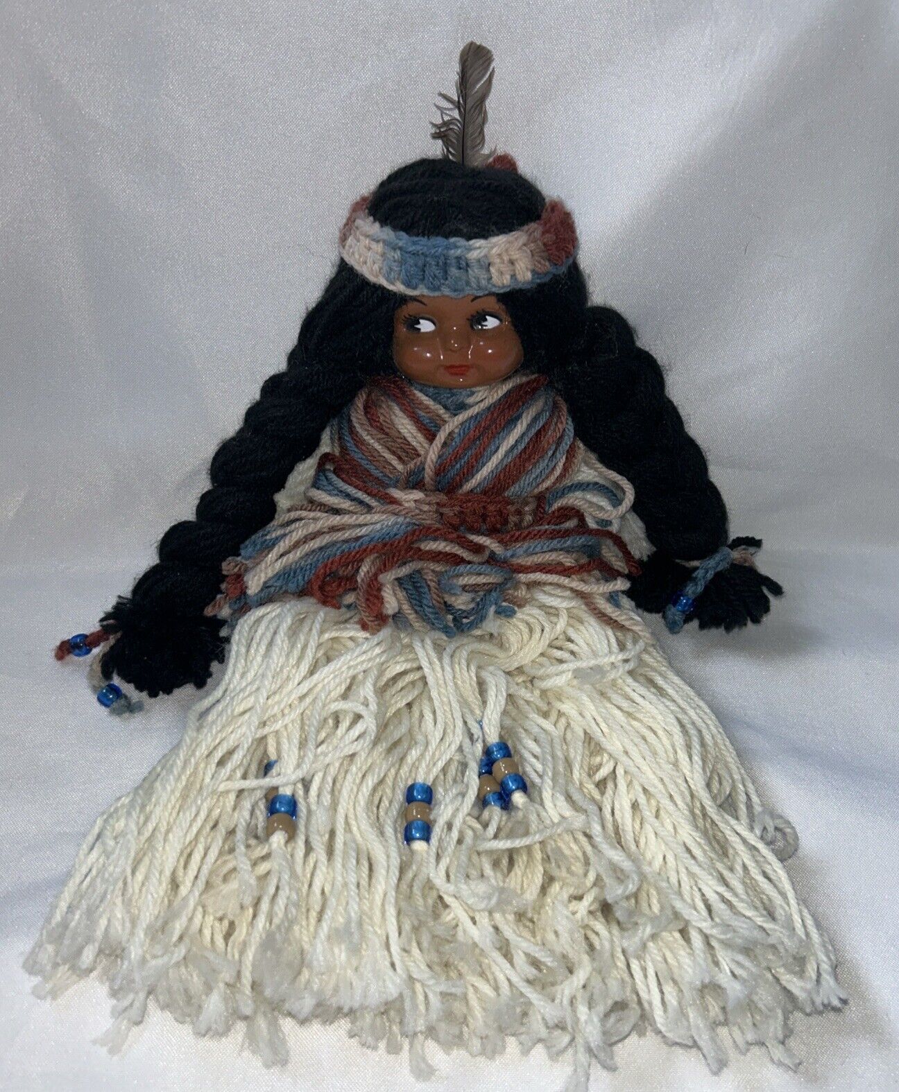 Vintage Native American Braided Yarn Doll 14” Handmade Plastic Face
