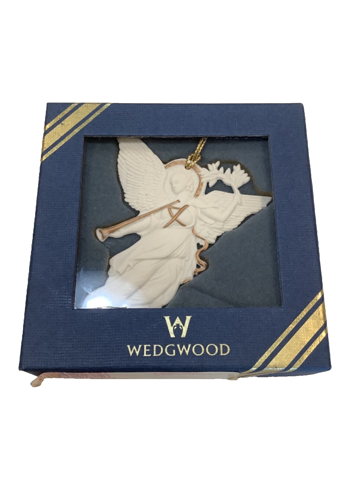 Wedgwood White Porcelain with Gold Angel with Trumpet Christmas Ornament and Box