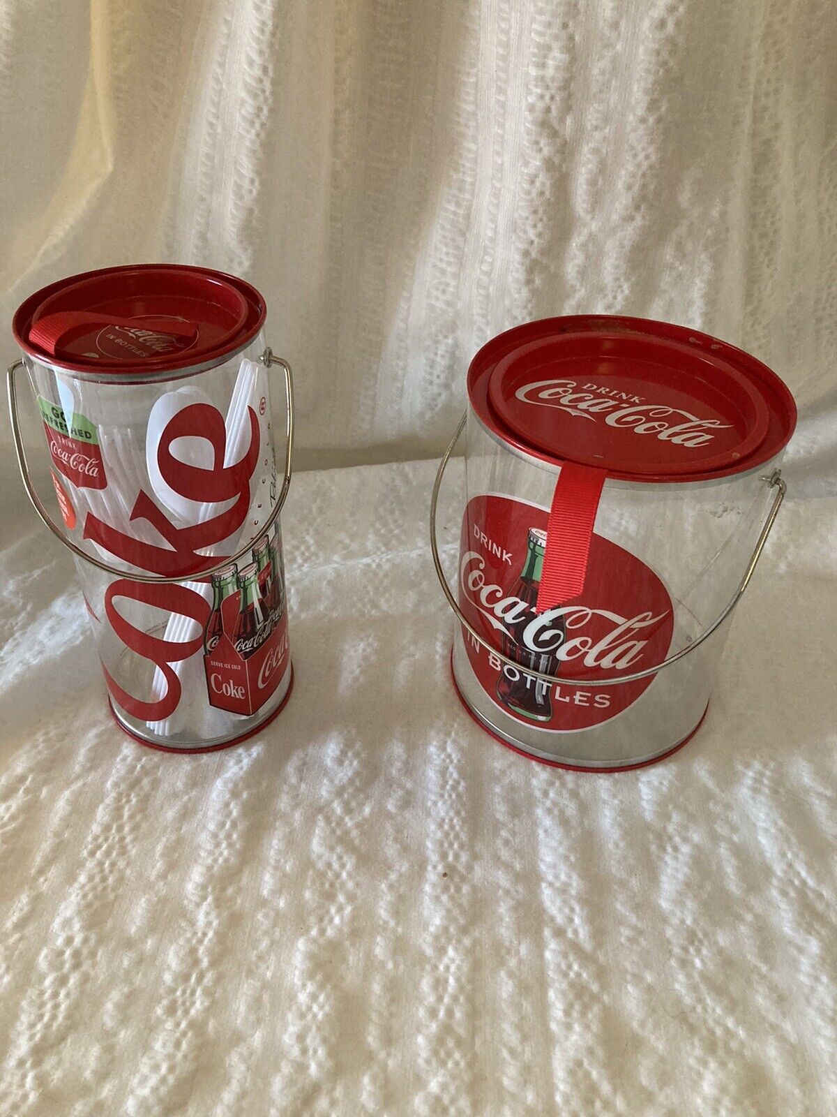 Coca Cola Coke Clear Utensil Canisters X2 w 18 Pc Plastic Utensil Set