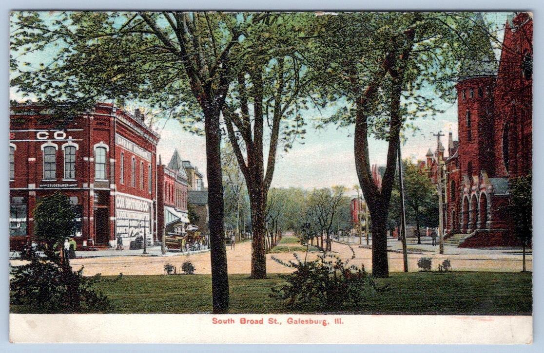 1910\'s GALESBURG ILLINOIS SOUTH BROAD STREET COX BROTHERS LITHO-CHROME POSTCARD