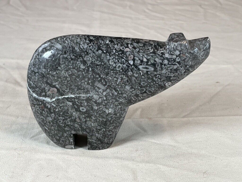 Vintage Grey Polished FOSSIL STONE Carved Bear Figurine
