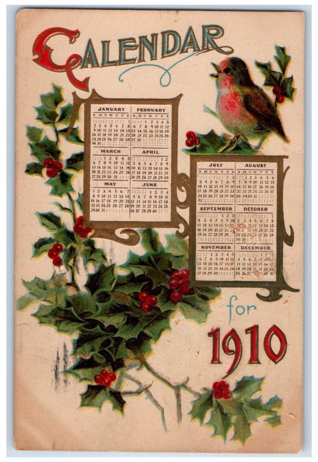 1910 New Year Monthly Calendar Holly Singing Bird Embossed Troy NY Postcard