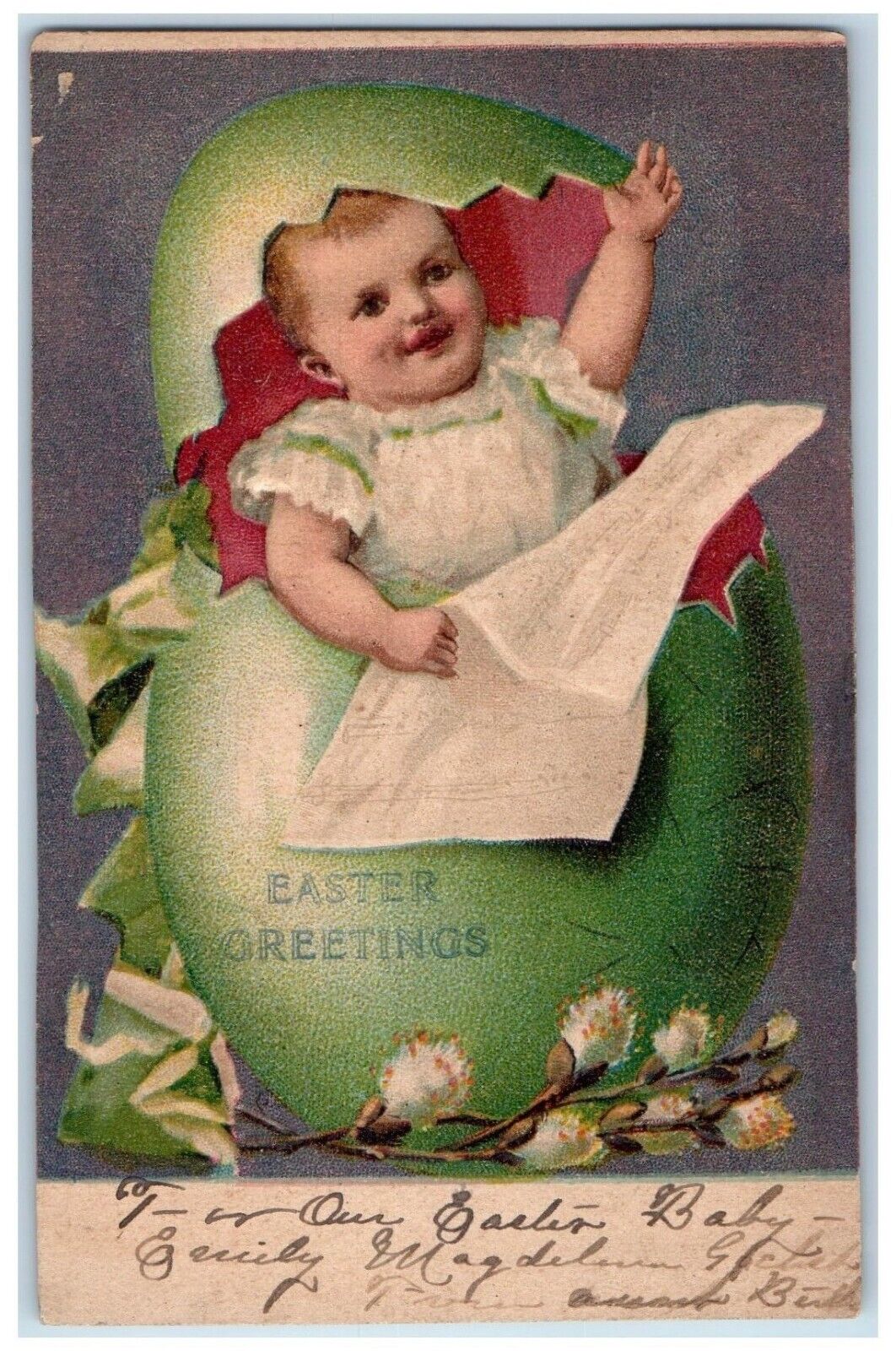 c1910's Easter Greetings Baby In Giant Hatched Egg Embossed Antique Postcard