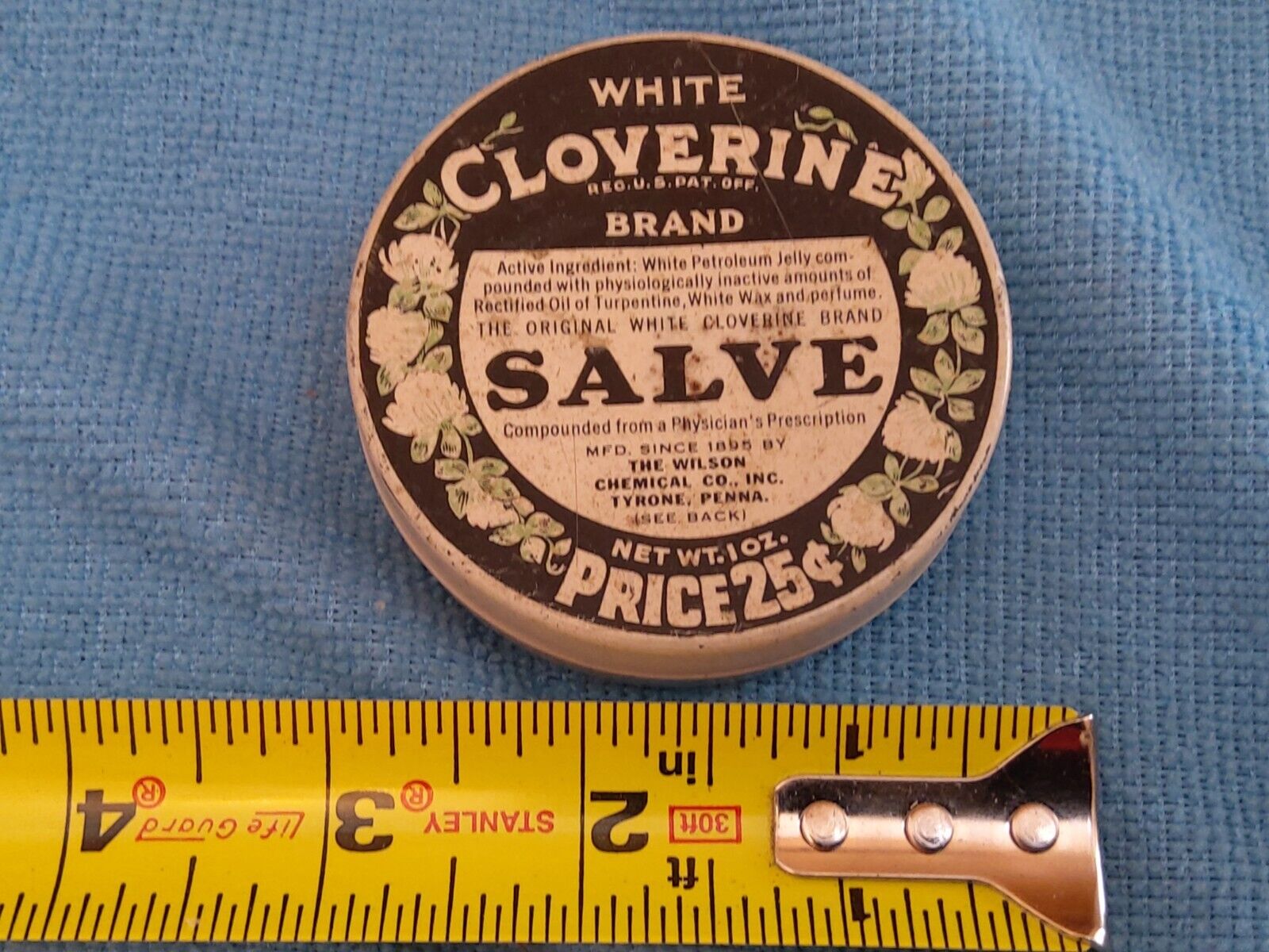 VINTAGE CLOVERINE SALVE TIN ADVERTISING WHITE CLOVERINE BRAND  25 CENTS