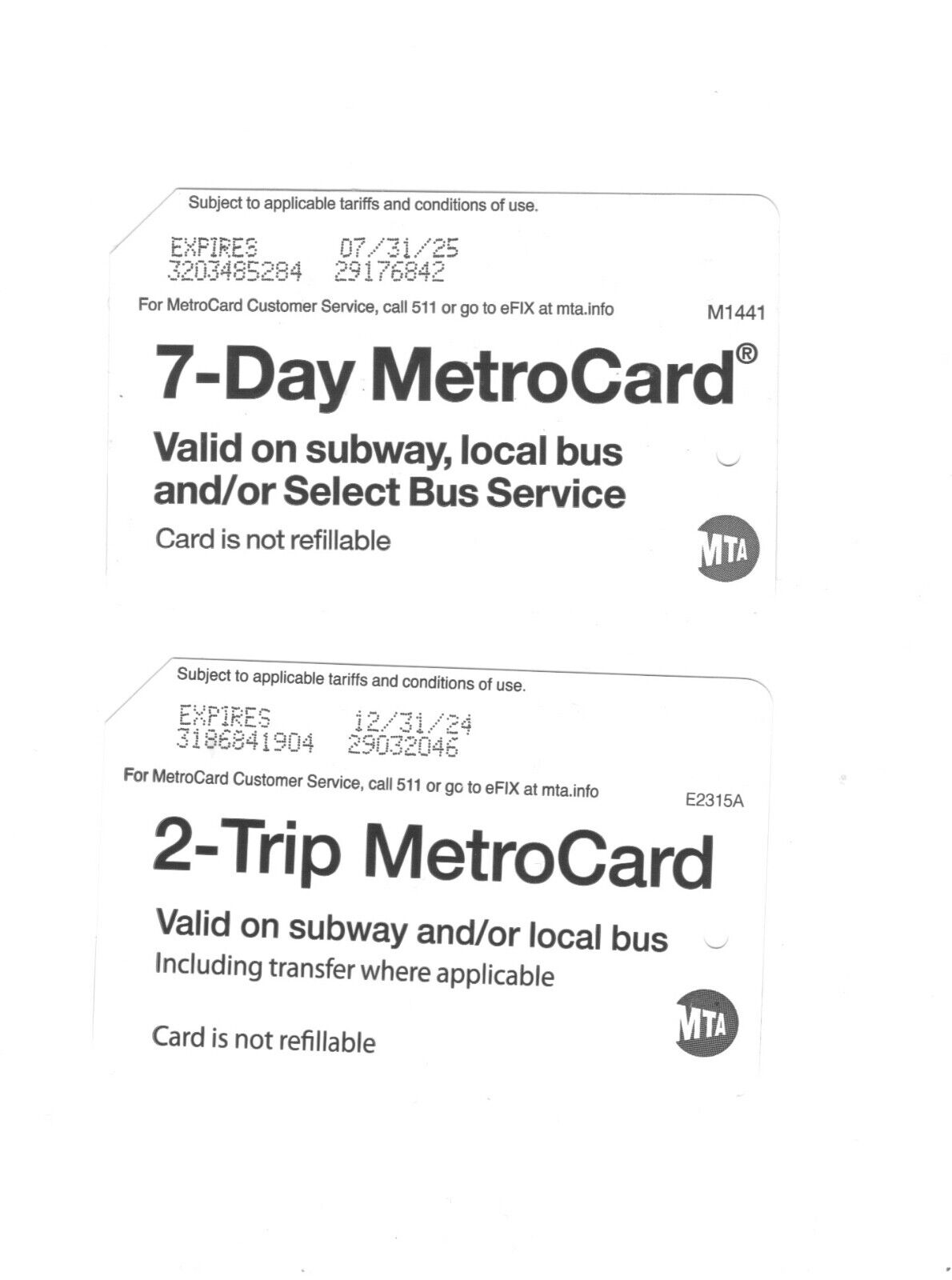 2-Trip and  7-Day NYC MTA MetroCards