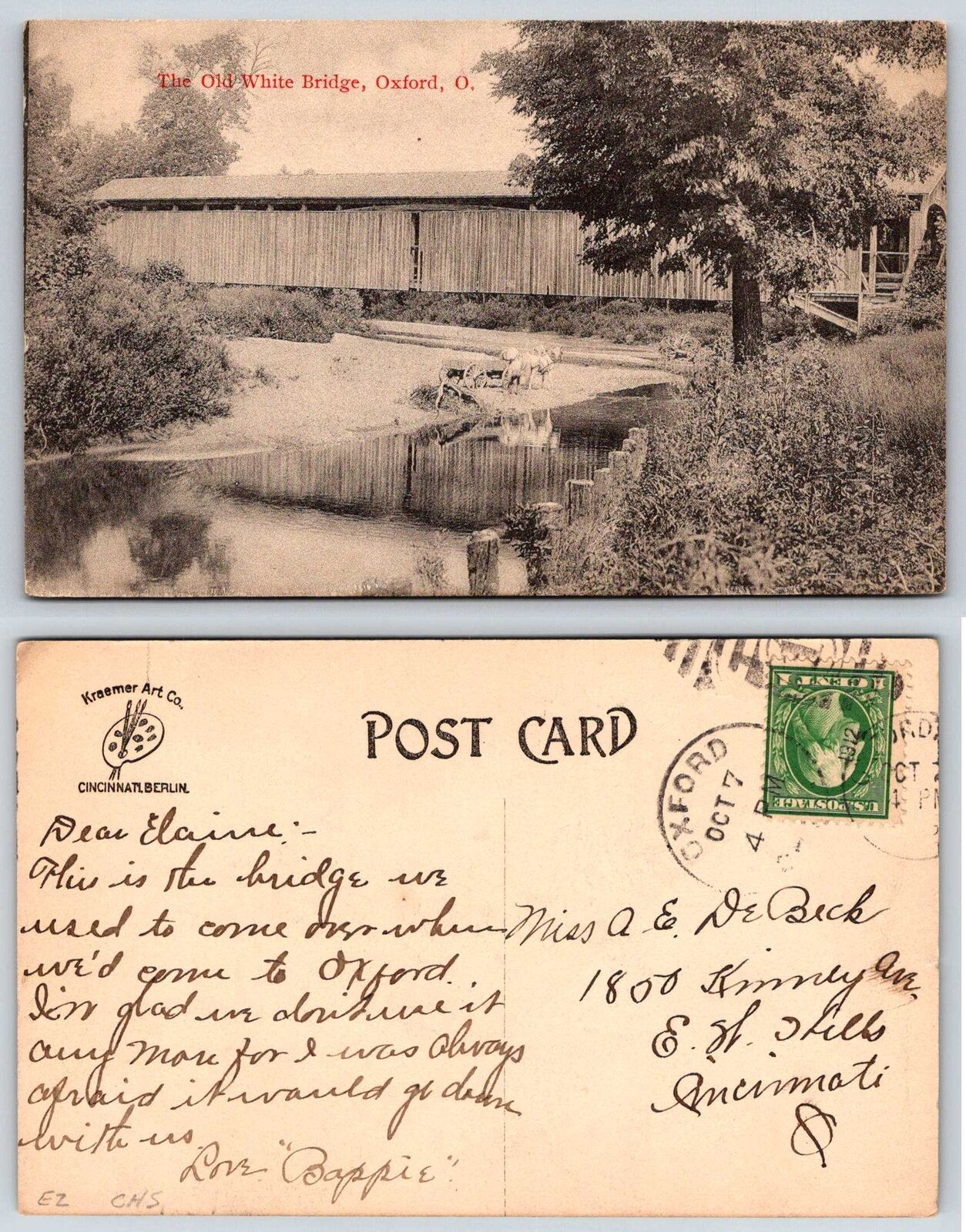 Oxford Ohio OLD WHITE COVERED BRIDGE 1912 Postcard N230