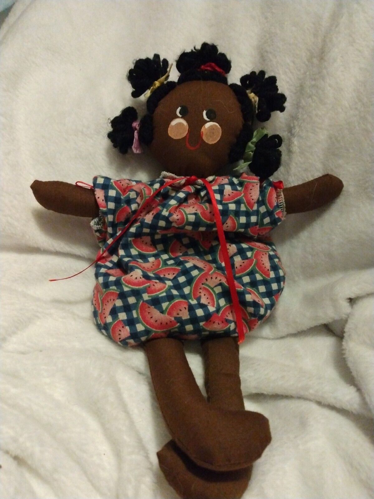 Small African American, Bean Bag Rag Doll With Watermelon Outfit And Tiny Bows