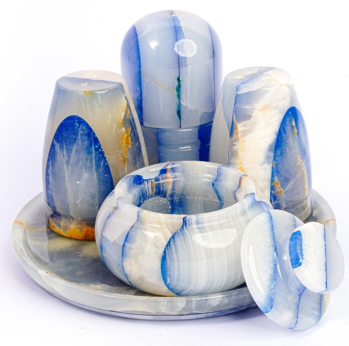 Blue & White Marble Salt and Pepper Set with Tray, 5 Pieces