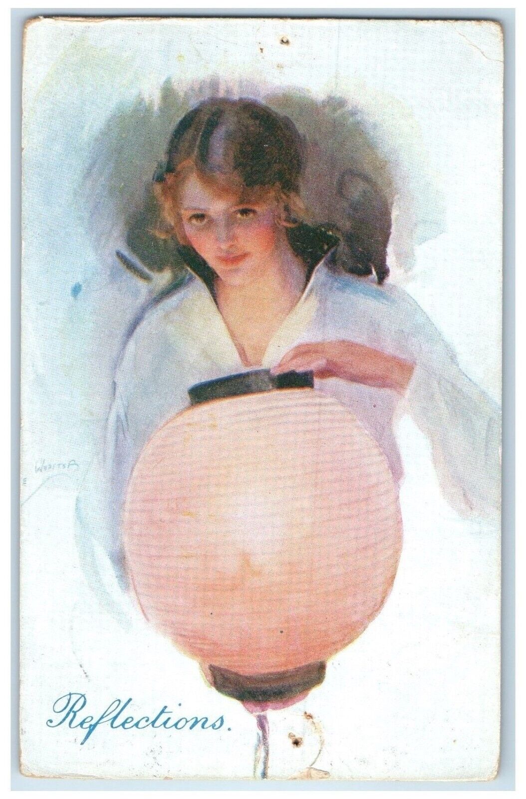 c1910\'s Pretty Woman Holding Reflections Lantern Posted Antique Postcard