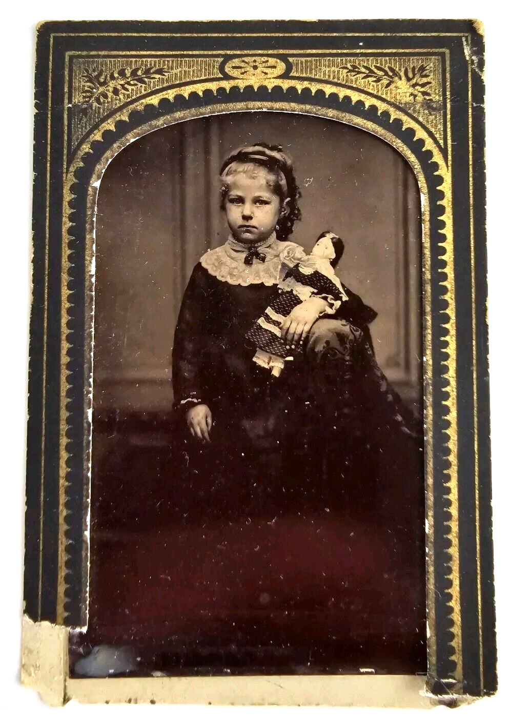 Antique Tintype Victorian Photo Cute Young Girl Child Holding Doll Paper Framed
