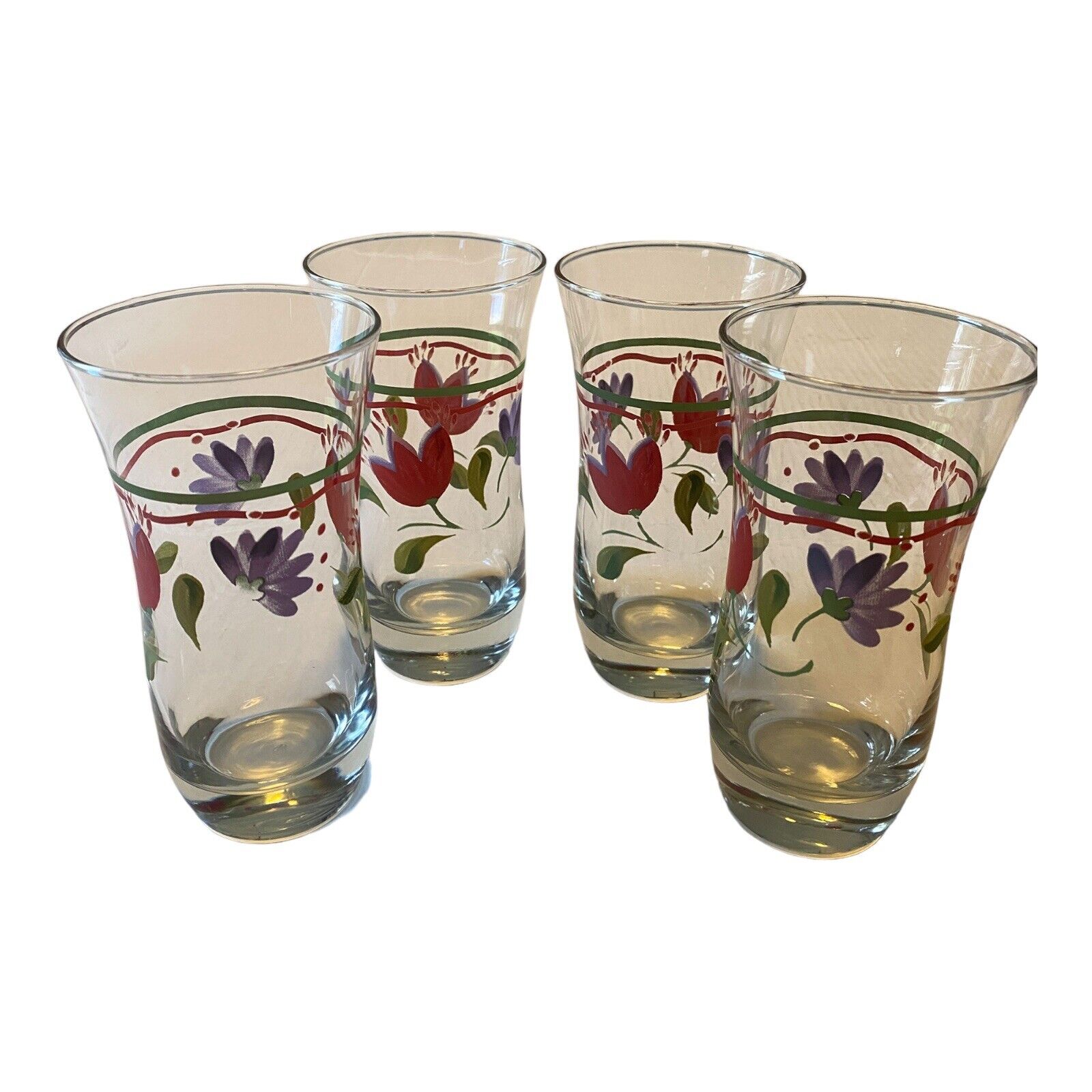 Set of 4 Vintage Libbey Red Tulip Purple Flower Hurricane Style Drinking Glass