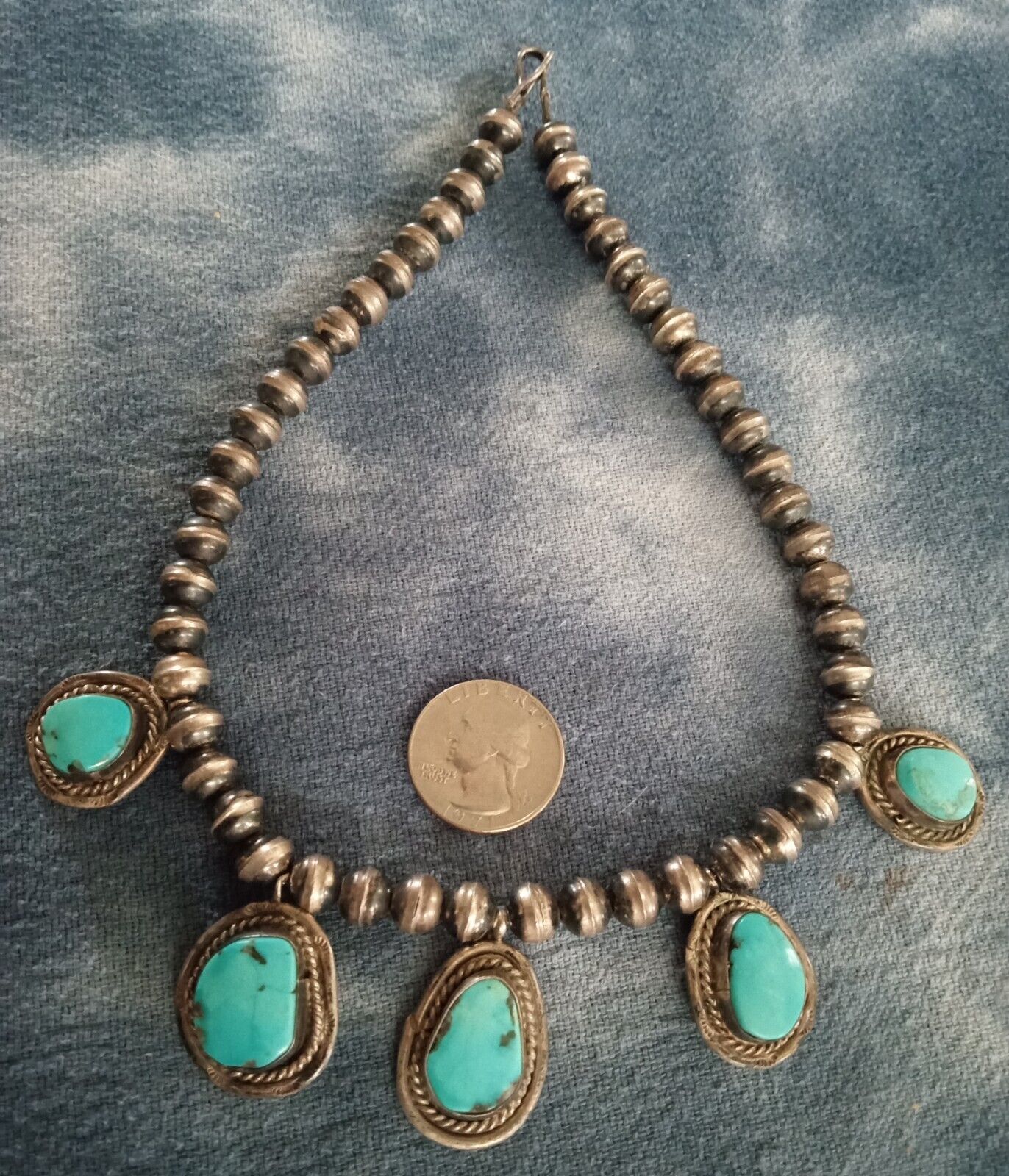 Old Pawn Turquoise 5-Stone Silver Bead Necklace 16\