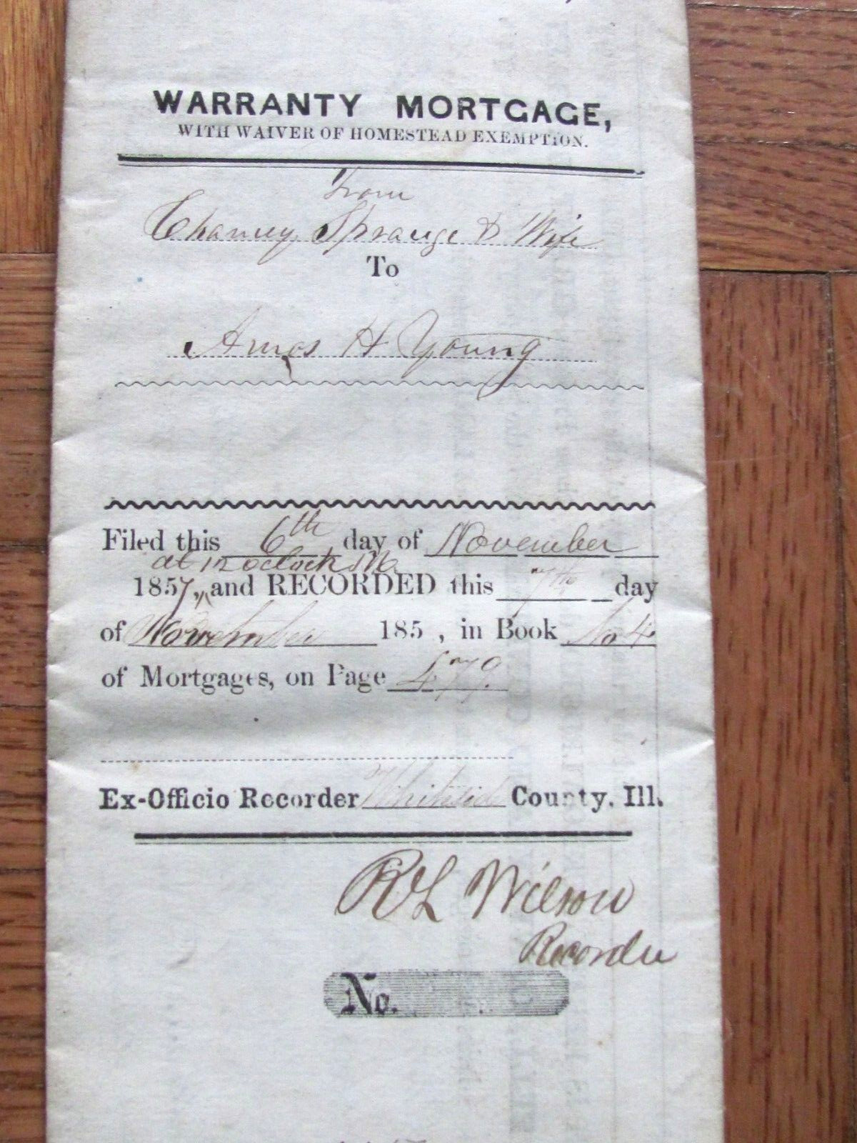 1857 PROPERTY LAND DEED PROPHETSTOWN IL CHAUNCY SPRAGUE TO AMOS H YOUNG