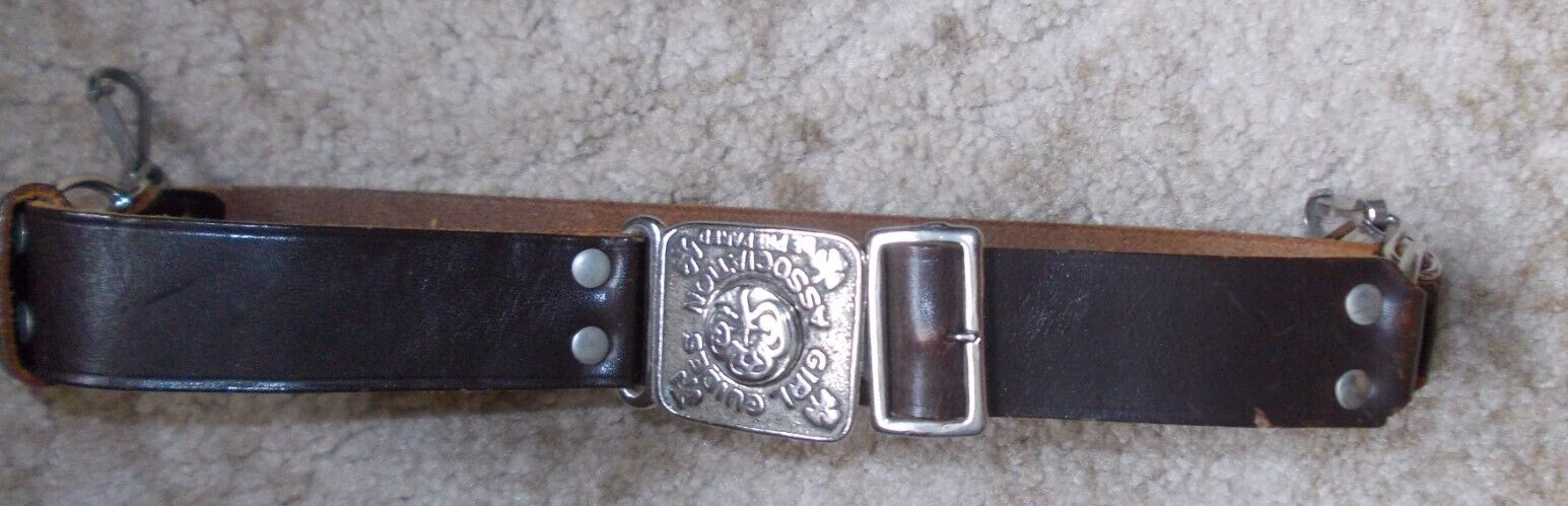 Vintage 1980s Girl Guides brown Leather Belt + Silver Metal Engraved Buckle VGC