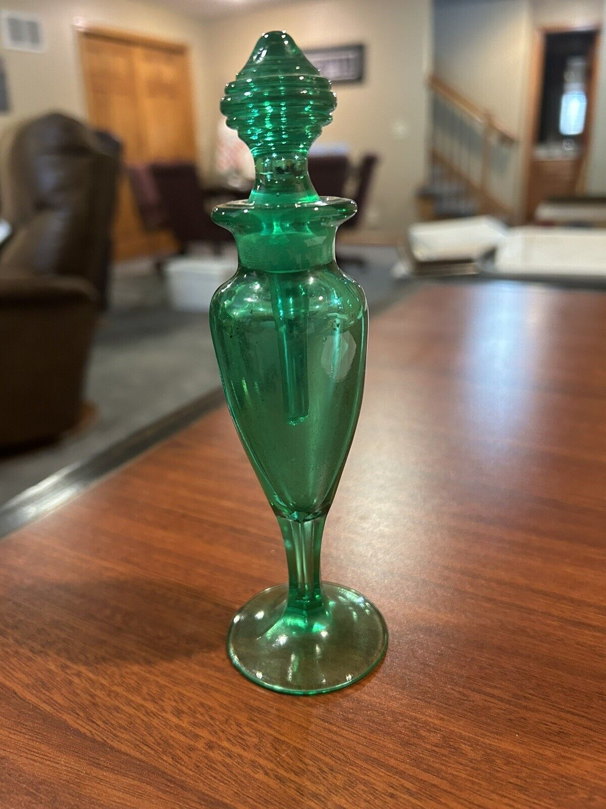 VTG Geen Depression Glass Perfume Bottle - 7 Inches.