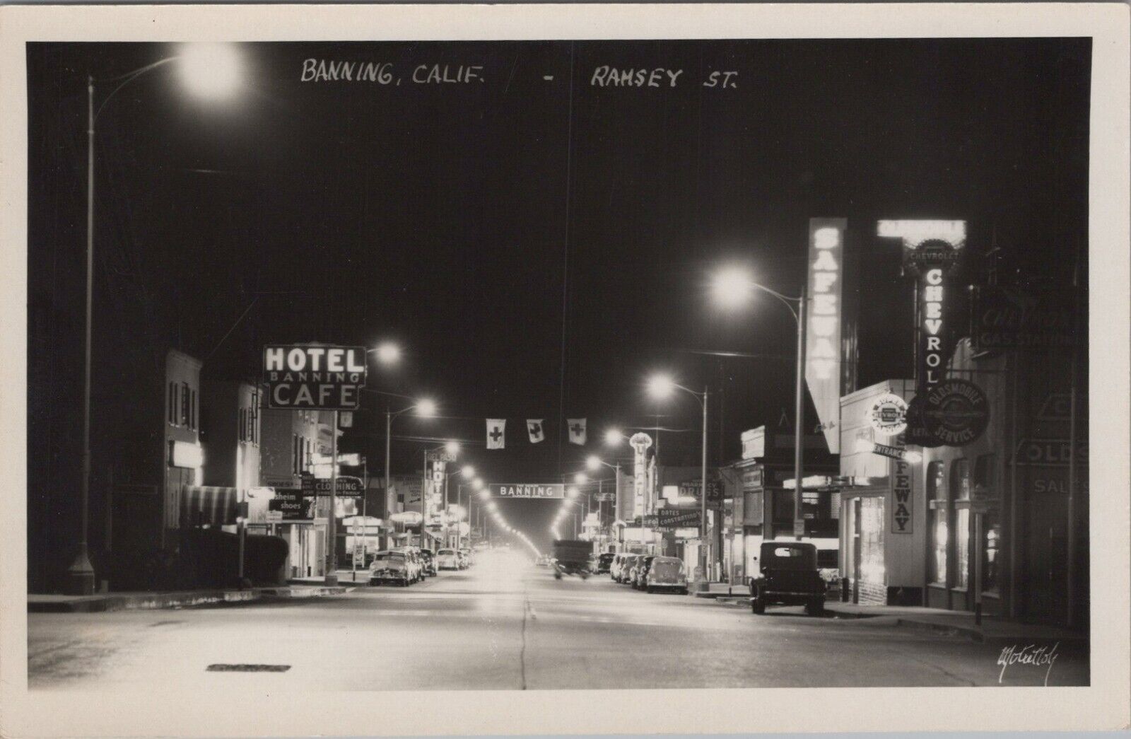 RPPC Banning CA Ramsey St Night View Neon Lights Safeway c1950s postcard NP7