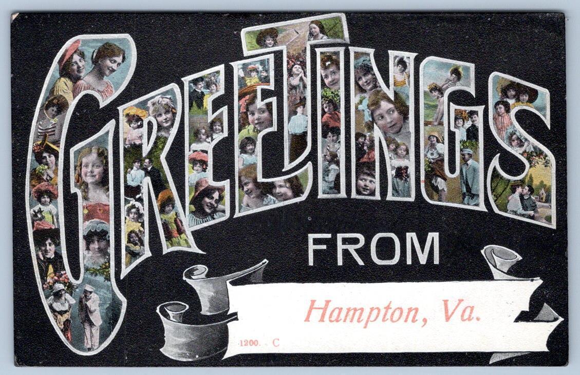 GREETINGS FROM HAMPTON VIRGINIA 1910's-1920's ERA LARGE LETTER ANTIQUE POSTCARD