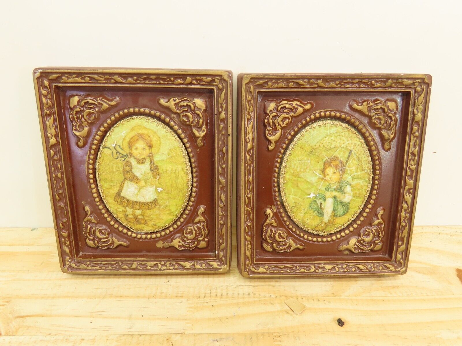 Vinatge MCM Wall Chalkware Pictures Boy and Girl Brown Gold Decor