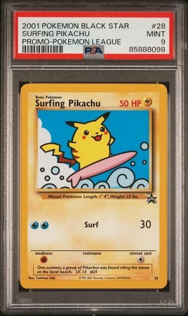 2001 Pokemon Black Star Promo Pokemon League #28 Surfing Pikachu PSA 9 MINT