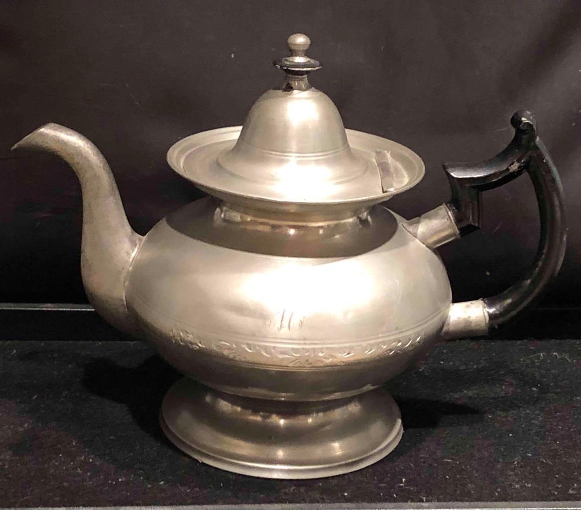 Antique American Pewter Teapot, Bright Cut Engraved, c. 1835