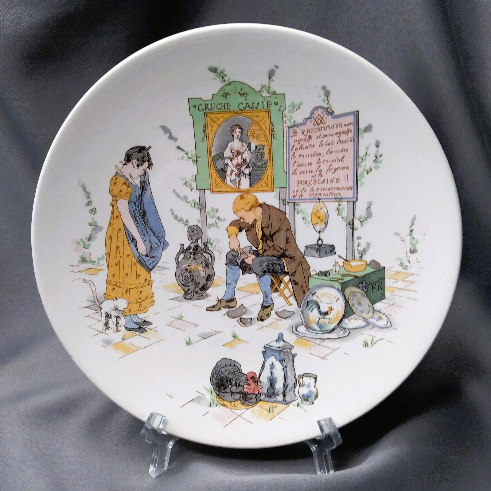 French Faience Sarreguemines Story Plate LA CRUCHE CASSEE Froment - Richard